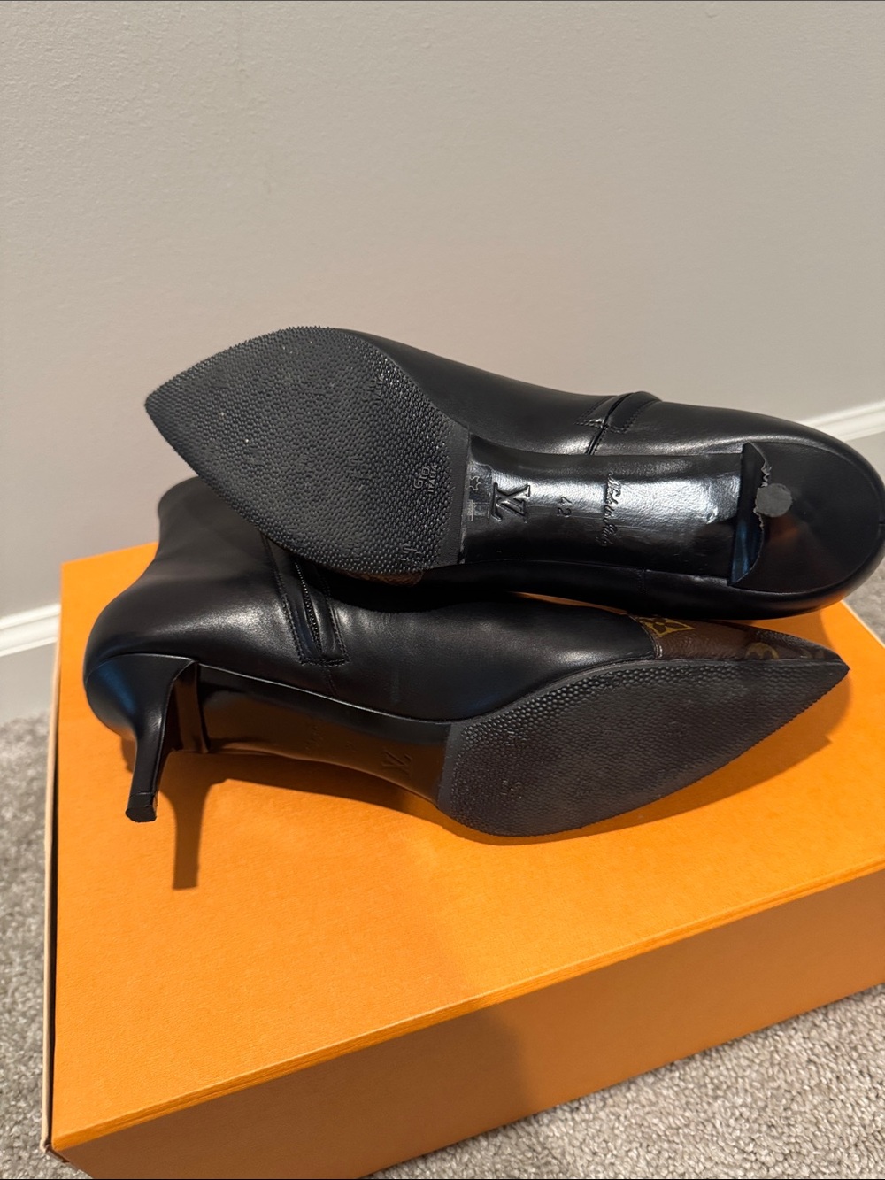 Louis Vuitton Black Leather & Monogram Pointed-Toe Ankle Boots - Picture 5 of 8